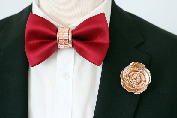 Maroon red and rose gold mens bow tie set with rhinestones
