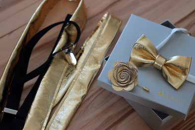 mens Gold leather suspenders, bow tie bowtie, flower pin, boutonniere, gold or set, wedding prom boys