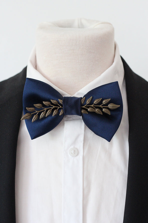 Navy Blue satin formal bow tie with copper applique