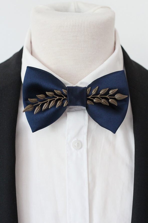 Navy Blue satin formal bow tie with copper applique