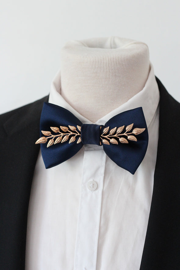 Navy Blue satin formal bow tie with gold applique