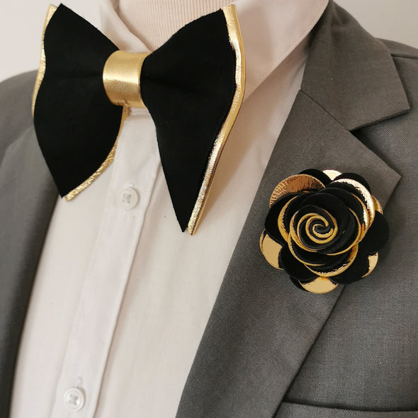 black and Gold leather oversize butterfly bow tie lapel flower wedding prom groomsmen groom formal attire set