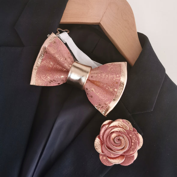 floral pink dusty pink and rose gold mens formal attire bow tie and boutonniere set, tuxedo bow tie, mens style, black men style, flower boutonniere rose pink 