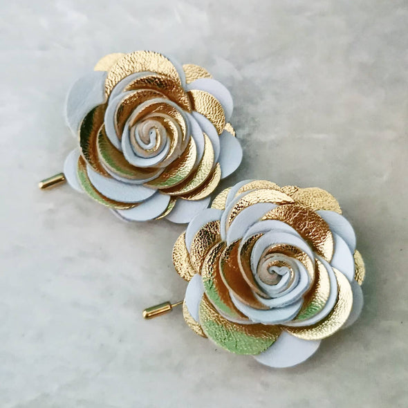 Gold and white mens lapel flower pin, boutonniere