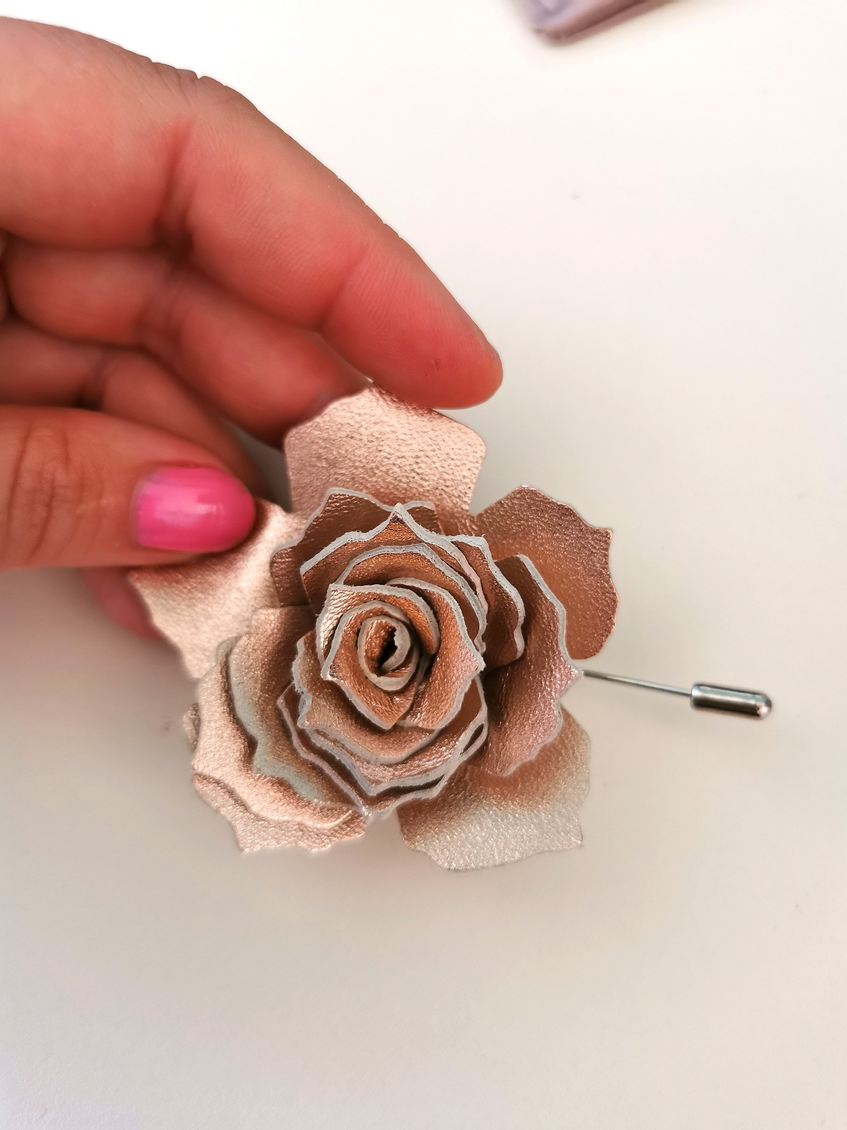 Copper boutonniere, lapel rose flower pin