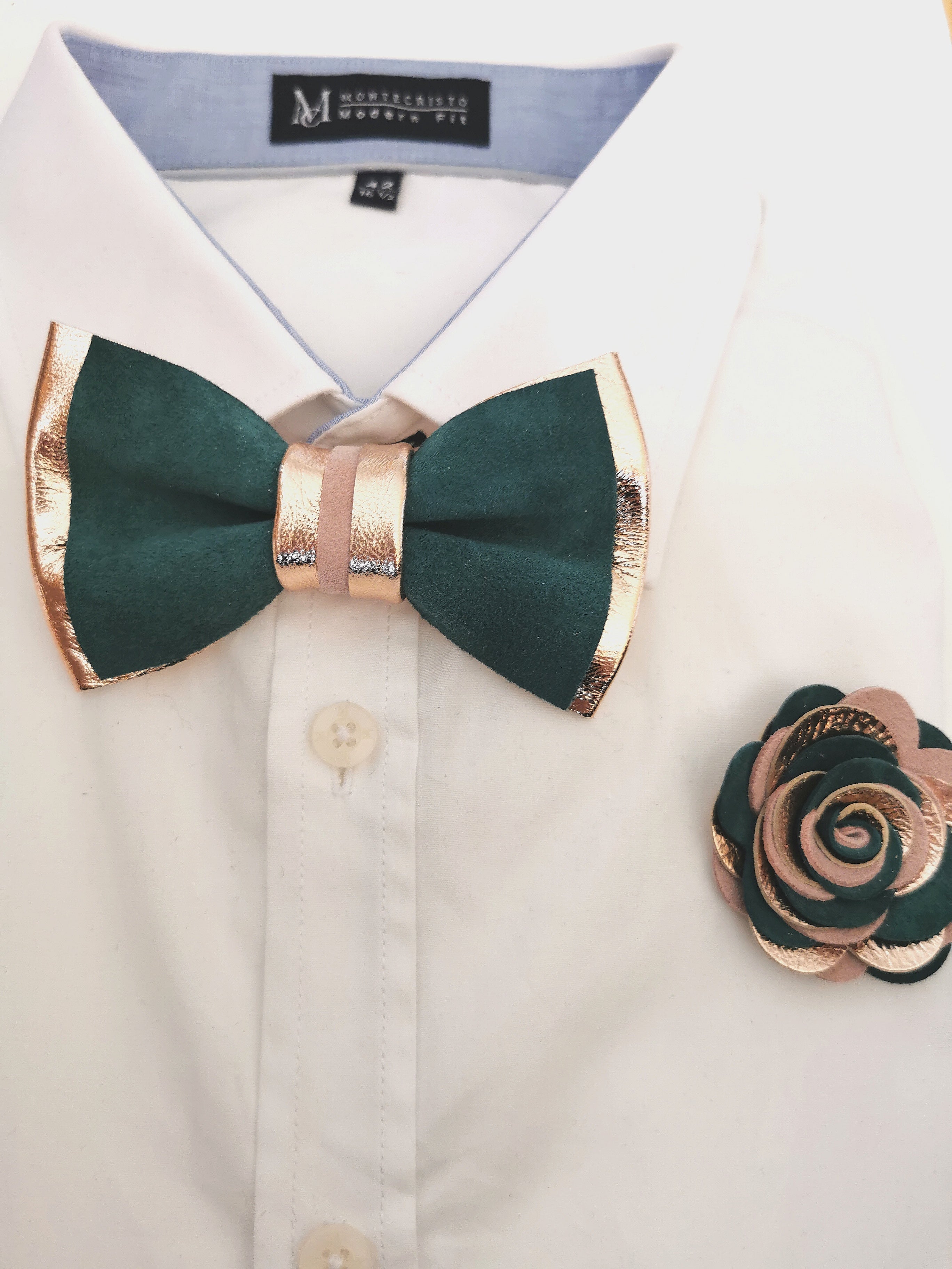 Emerald green, rose gold, nude tuxedo bow tie set Emerald green, rose gold, nude tuxedo bow tie set