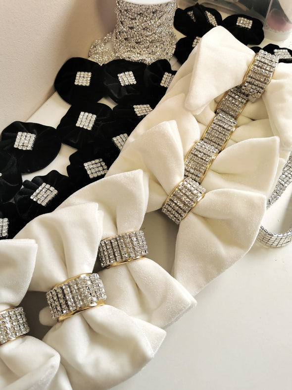 White velvet oversize bow tie and boutonniere set with crystals