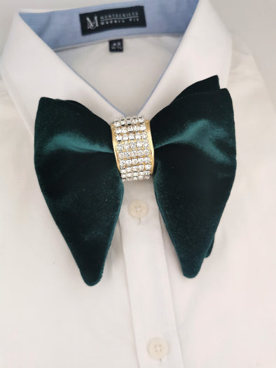 Hunters green velvet oversized bow tie with gold crystals, tuxedo, suitgroom groomsmen formal attire prom boys bow tie set lapel flower