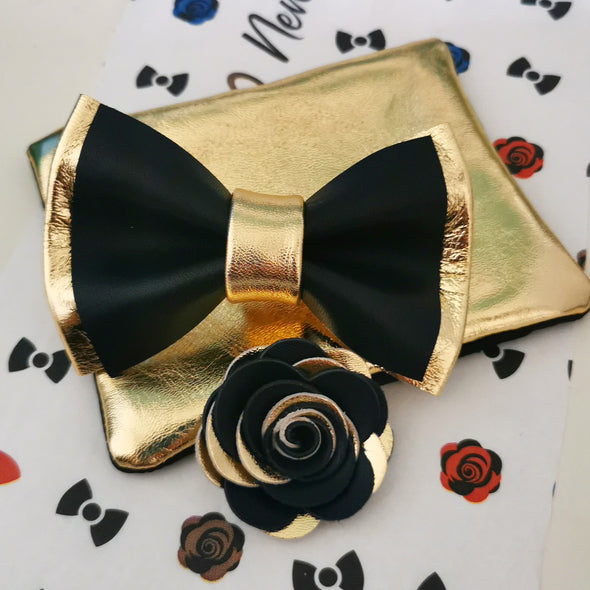 black and gold bow tie for men, boutonniere gold lapel flower pin, pocket sqare set for weddnign, promm, Nevestica