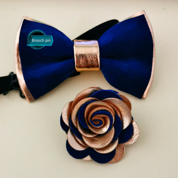 Copper rose Gold and royal leather bow tie, pin set groomsmen attire