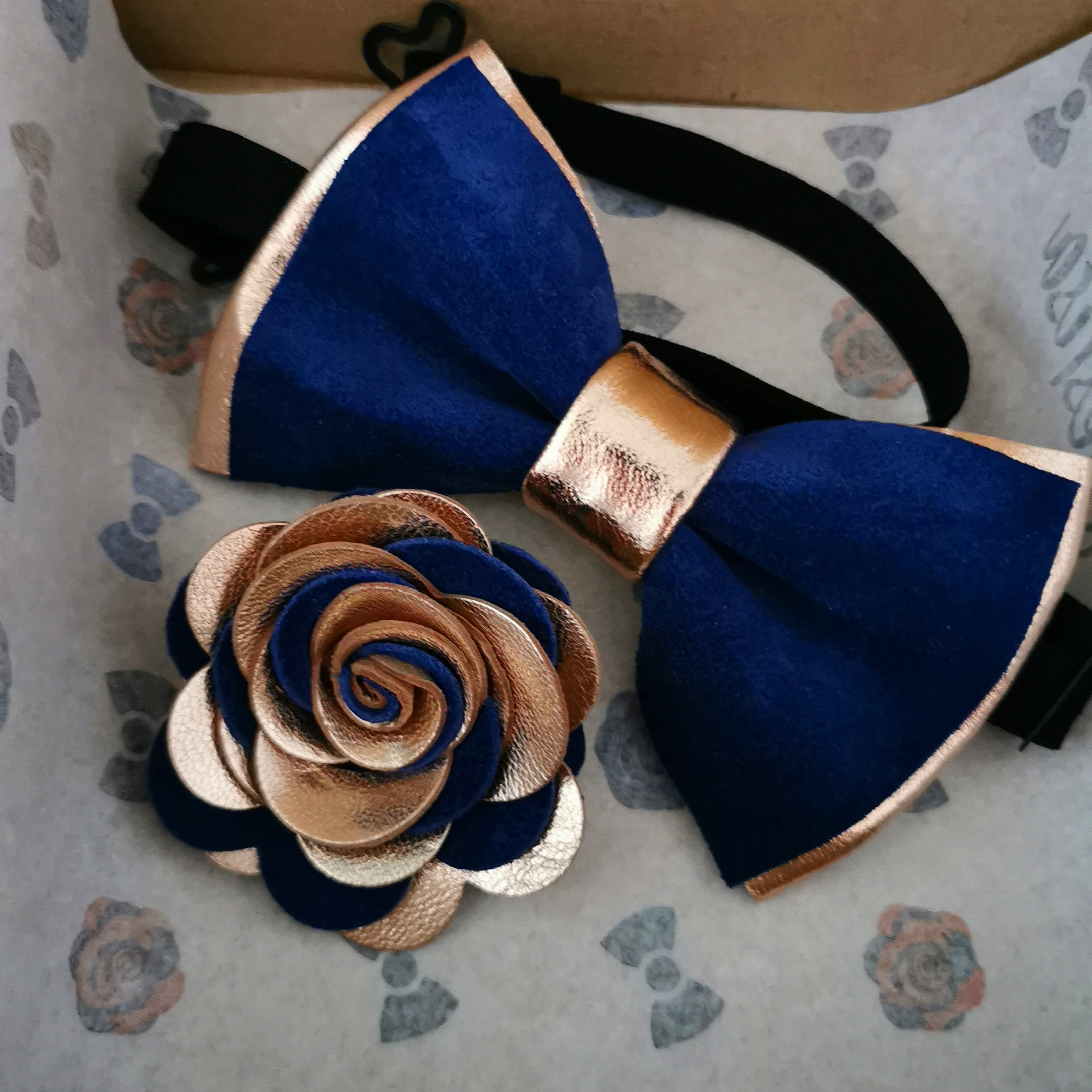 Copper rose Gold and royal leather bow tie, pin set groomsmen attire