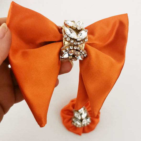 Orange custom satin oversized bow tie set with crystals