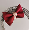 Maroon red and rose gold mens bow tie set with rhinestones