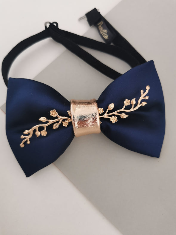 Blue satin and rose gold bow tie