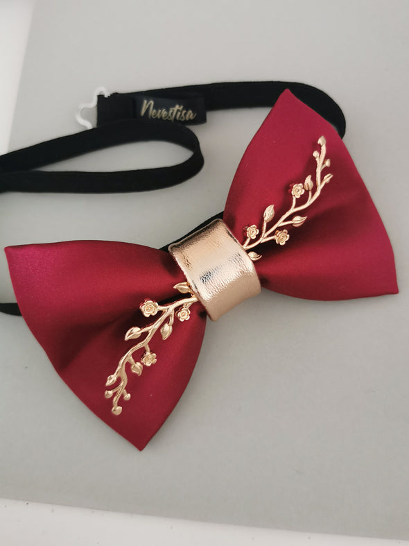 Maroon red and rose gold mens bow tie 