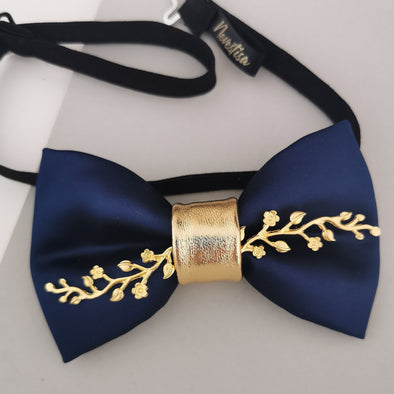 Blue satin formal bow tie with gold applique, gold boutnniere