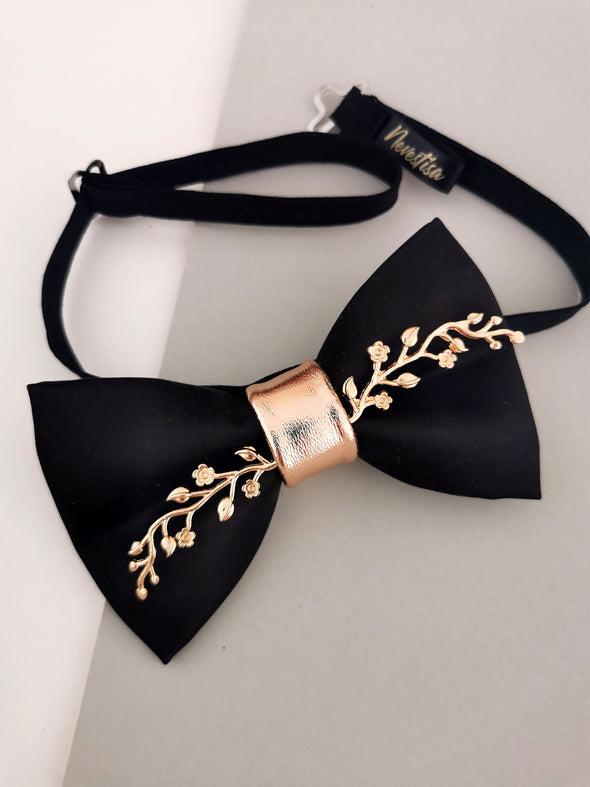 Black and roseGold mens satin bow tie