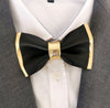 black and gold leather bow tie for men,black and gold bow tie and pocket square set, boys prom suit 