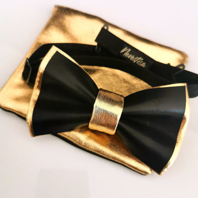 black and gold leather bow tie for men,black and gold bow tie and pocket square set, boys prom suit 