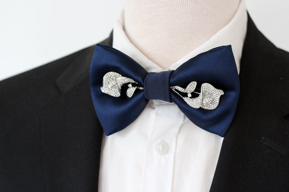 Navy Blue satin formal bow tie with silver rhinestones
