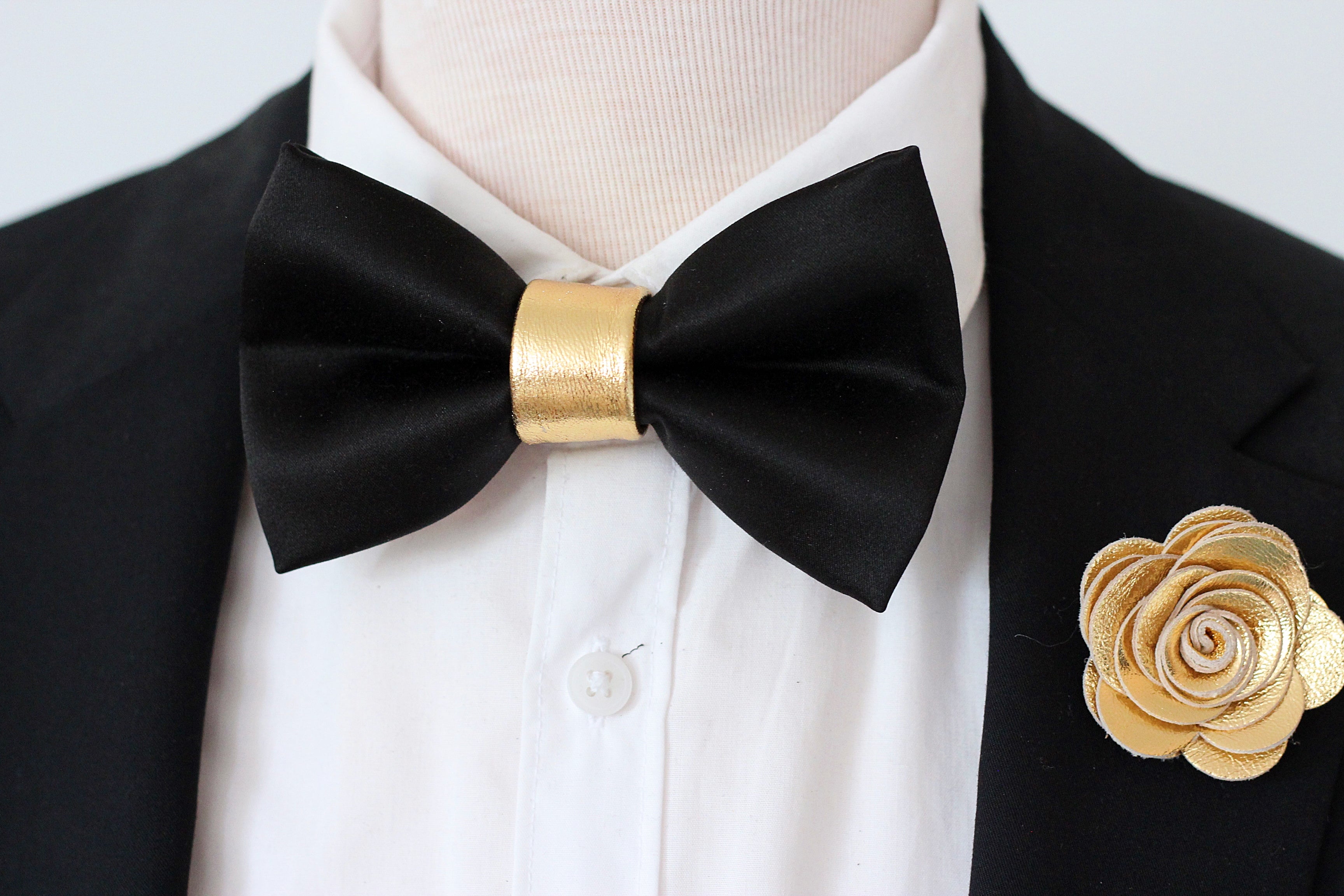 Black and Gold Mens Bow Tie Boutonniere Set, Wedding Black Gold Bowtie, Black Satin Tuxedo Bow Tie Bow Tie Only
