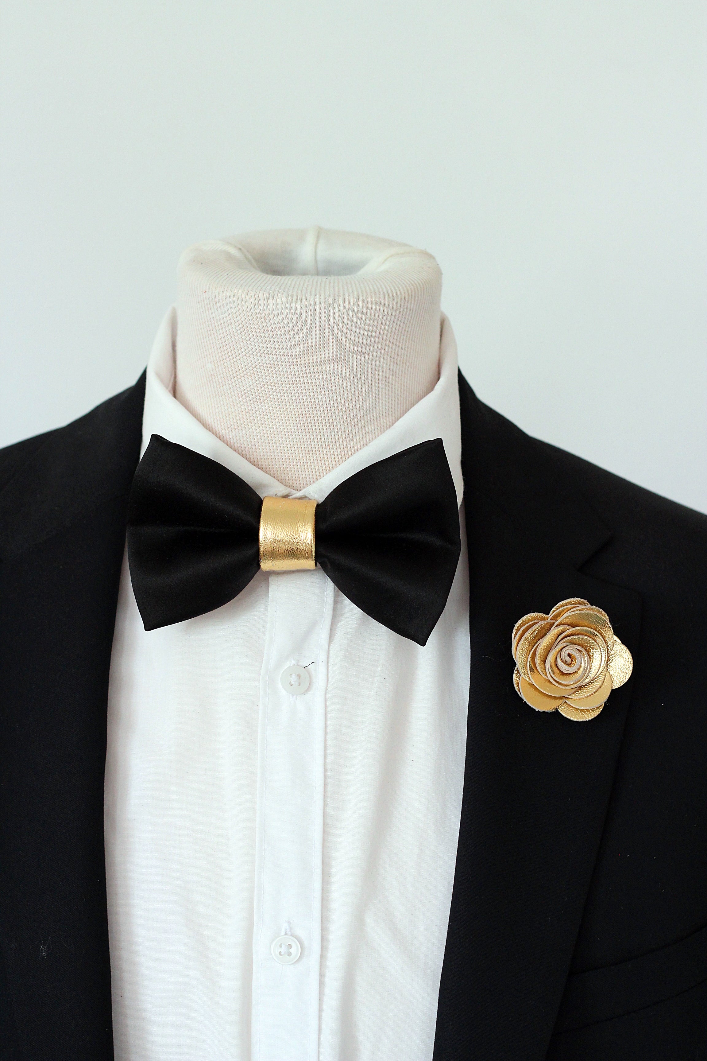 Black and Gold mens bow tie boutonniere set, wedding black gold bowtie, black satin tuxedo bow tie Black and Gold mens bow tie boutonniere set, wedding black gold bowtie, black satin tuxedo bow tie