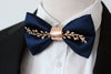Blue satin and rose gold bow tie