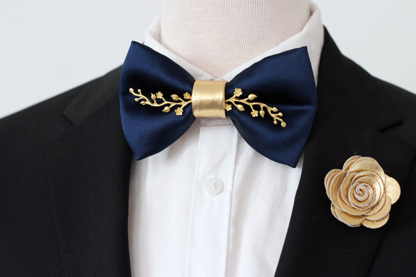 Blue satin formal bow tie with gold applique, gold boutnniere