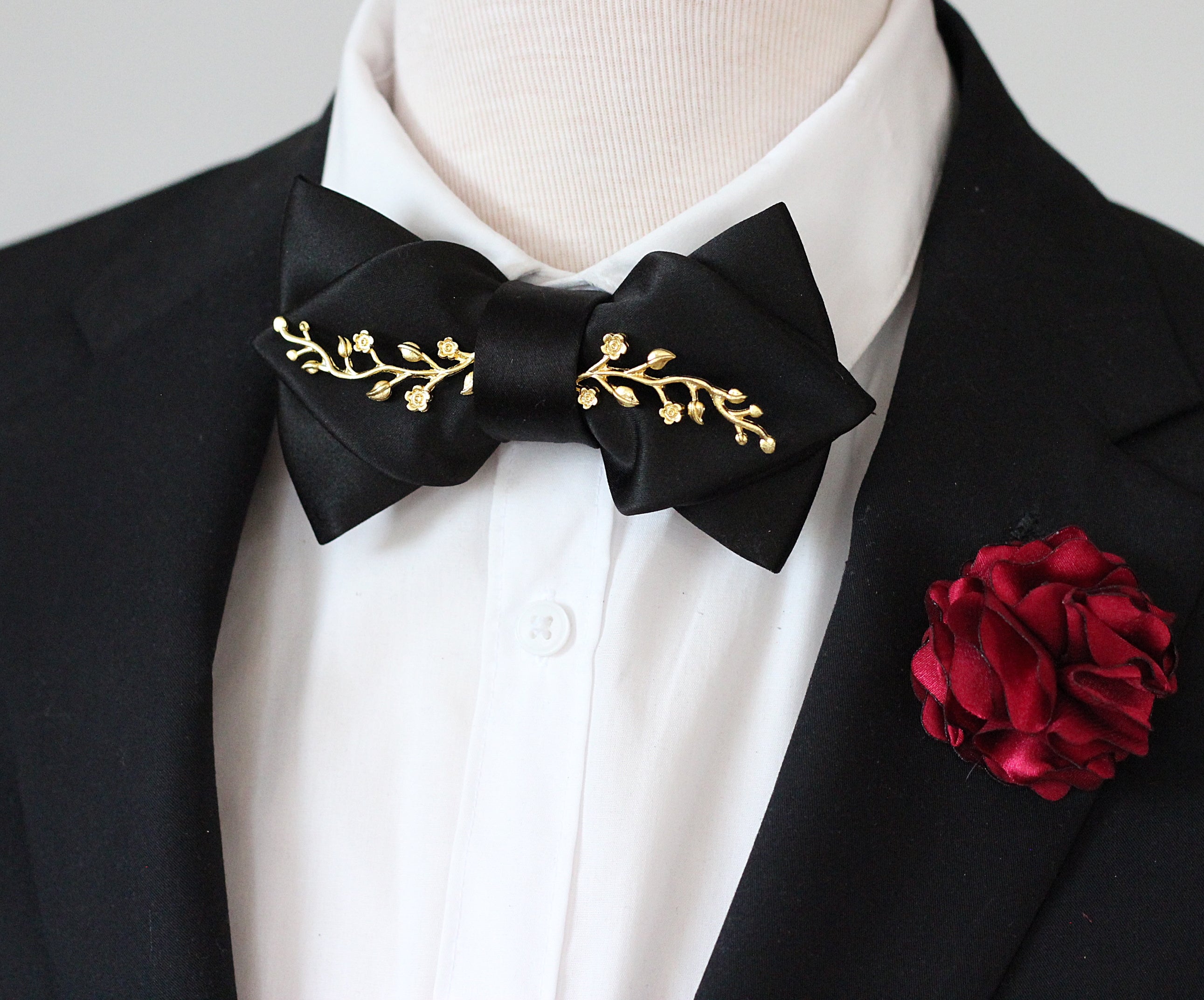 Black and Gold Mens Bow Tie Boutonniere Set, Wedding Black Gold Bowtie, Black Satin Tuxedo Bow Tie Bow Tie Only