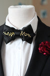 Men’s formal suit black and gold bow tie, burgundy red carnation flower boutonniere, gold and black satin bow tie, Elegant black satin bow tie, black boys prom suit, wedding bowtie, groomsmen, bow tie gold black gif