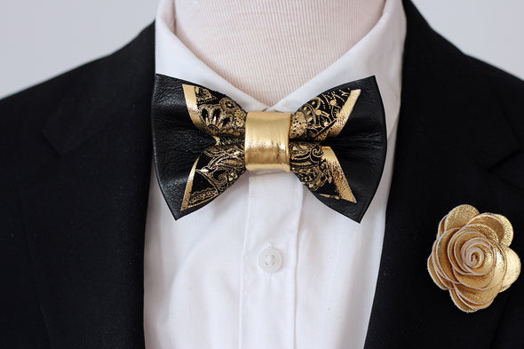 Black and Gold mens paisley pointed bow tie square set