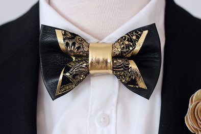 Black and Gold mens paisley pointed bow tie square set