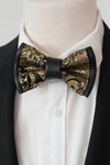 Black and Gold paisley mens bow tie lapel flower set