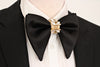 Black satin oversized mens bow tie pocket square set, gold crystals