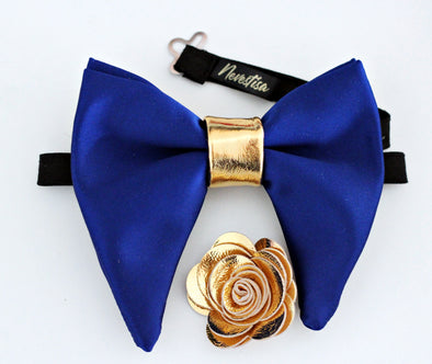 Royal Blue satin big butterfly bow tie with gold boutonniere