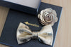 champagne gold leather bow tie, lapel flower 