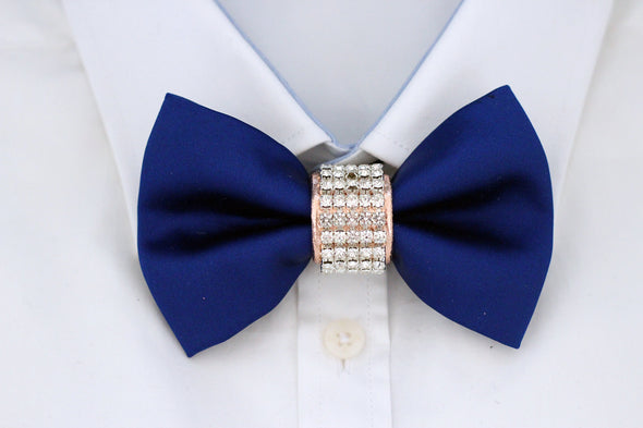 Blue satin and rose gold rhinestone formal bow tie