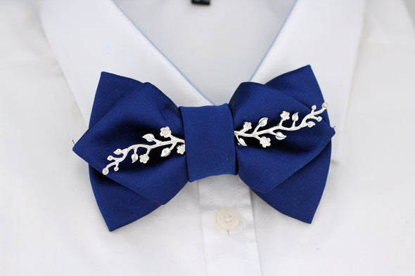 Royal Blue satin pointy bow tie with silver applique