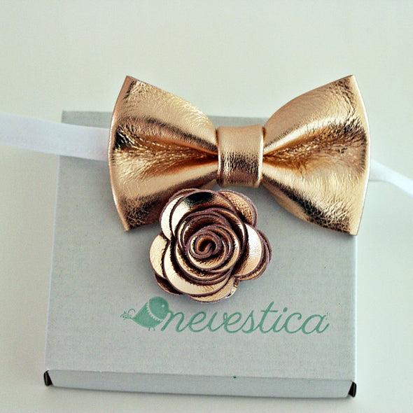 rose gold leather shiny mens bow tie set
