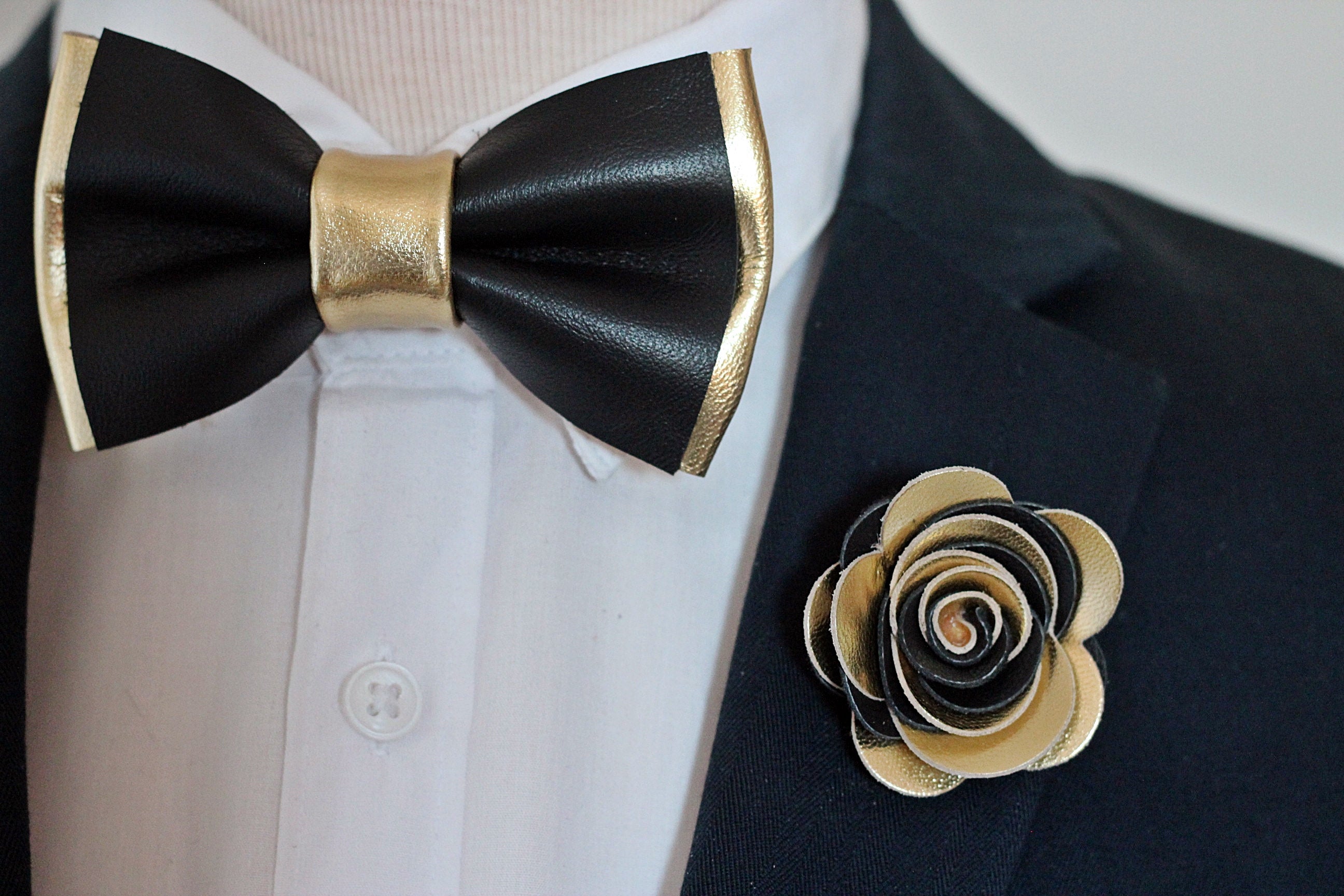 Black And Gold Mens Bow Tie Lapel Flower Gift Set