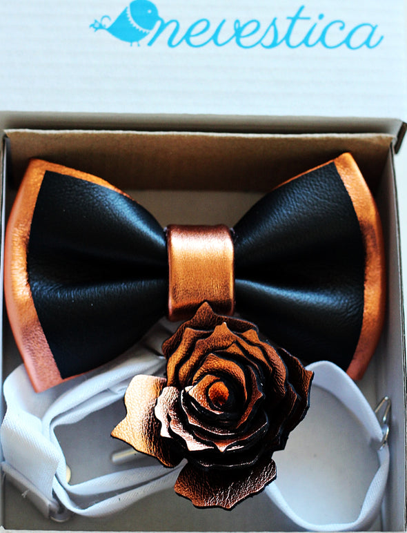 Black and copper bronze leather bow tie set with copper lapel rose flower pin, for men, boys, toddlers, wedding bowtie gift set