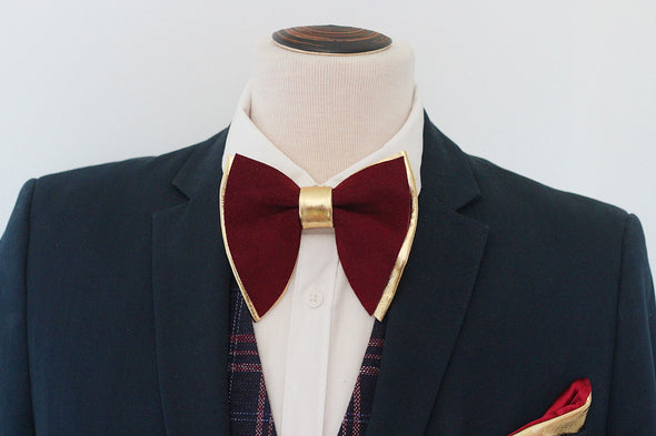 Gold and burgundy maroon red oversized butterfly leather bow tie set, boutonniere, pocket sqare