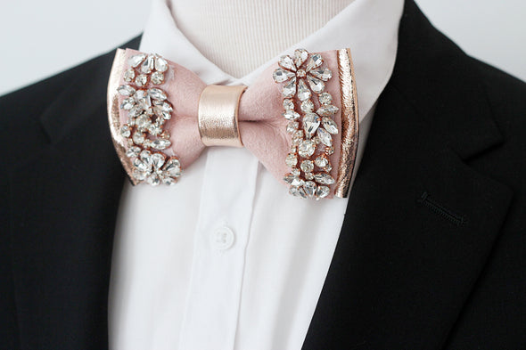 Rose gold crystal pink blush nude bow tie and square set