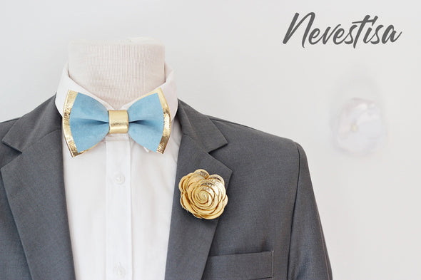 Dusty icy blue leather bow tie groomsmen groom wedding attire prom set gold corsage boutonniere