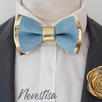 Dusty icy blue leather bow tie groomsmen groom wedding attire prom set gold corsage boutonniere