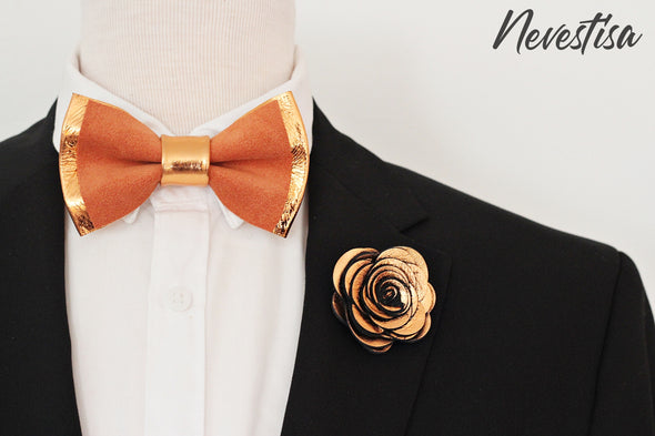 fall rust color and copper wedding prom bow tie lapel flower pin boutnniere set, groomsmen, groom, elopement ideas, gift