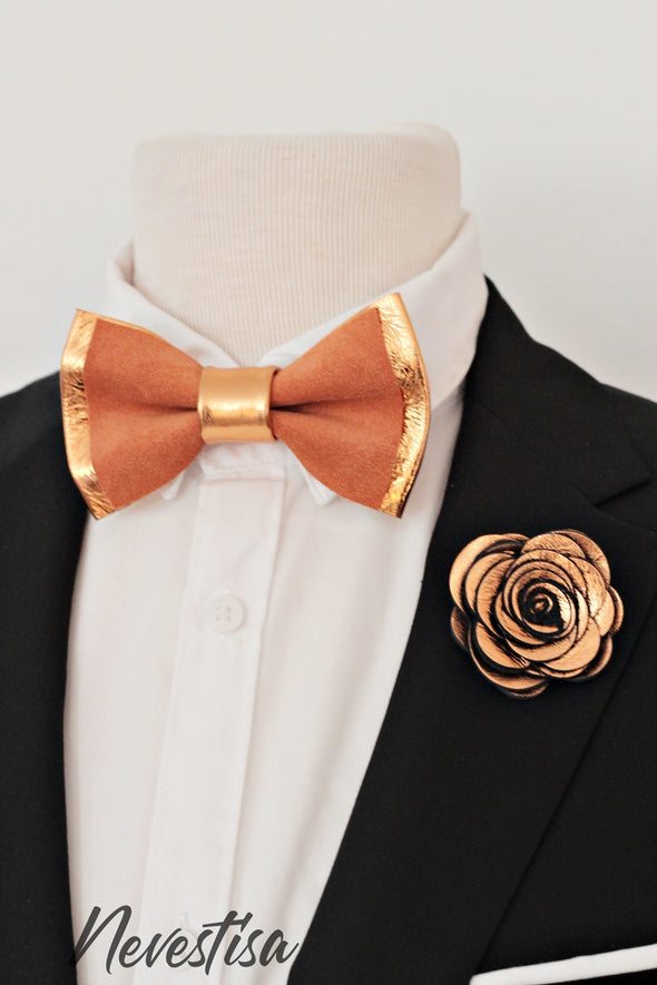 fall rust color and copper wedding prom bow tie lapel flower pin boutnniere set, groomsmen, groom, elopement ideas, gift burnt orange