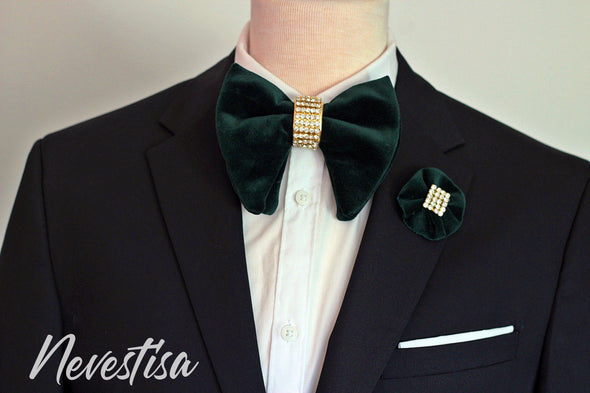 Hunters green velvet oversize bow tie with gold crystals groom groomsmen formal attire prom boys bow tie set lapel flower Kelly green boutonniere