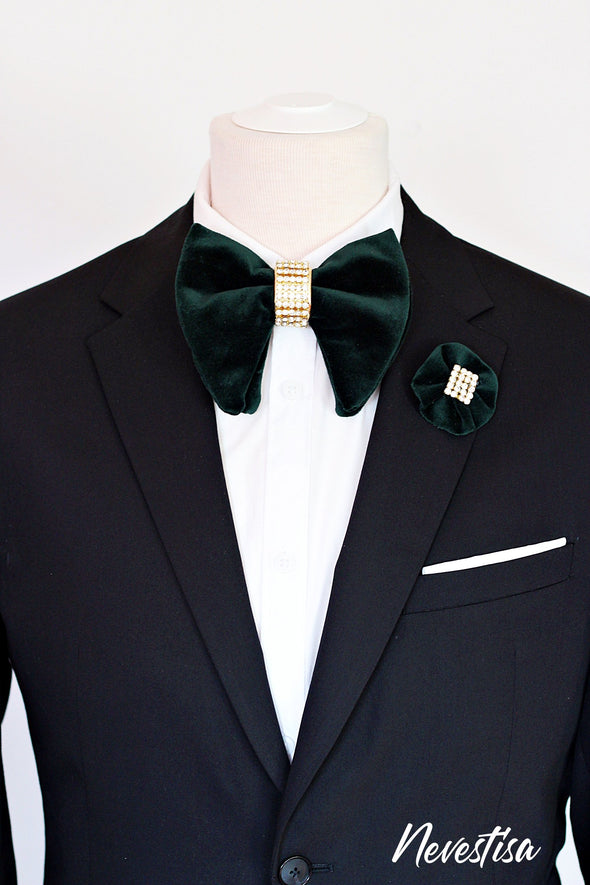 Hunters green velvet oversize bow tie with gold crystals groom groomsmen formal attire prom boys bow tie set lapel flower Kelly green boutonniere