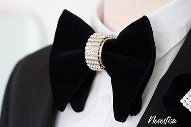 mens formal Black velvet oversized butterfly style bow tie with rose gold crystals center mens groomsmen groom prom bow tie set formal groom groomsmen attire